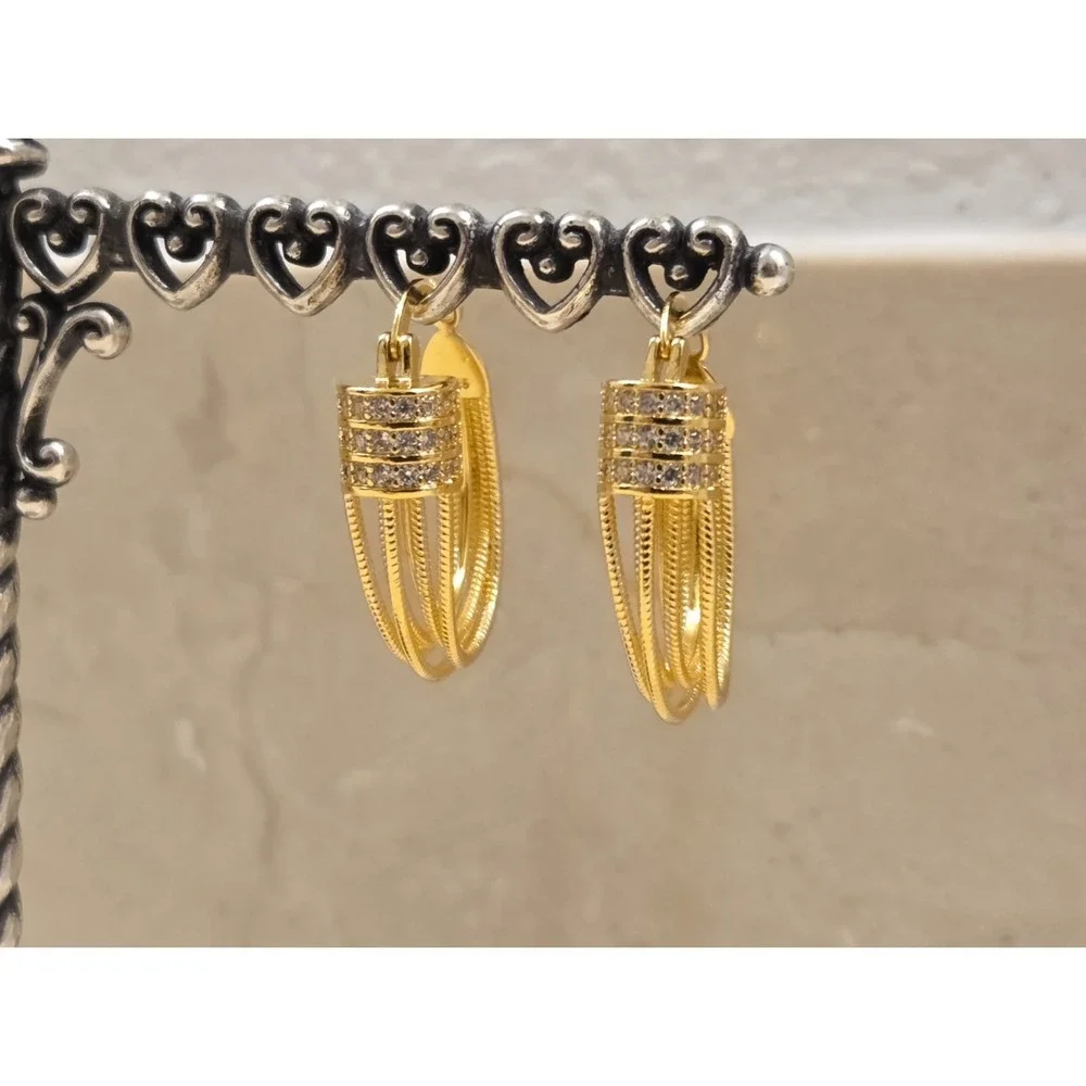 Stunning Sterling Silver Chandelier Hoop Earrings Pave CZ 30mm Bright Gold Tone
